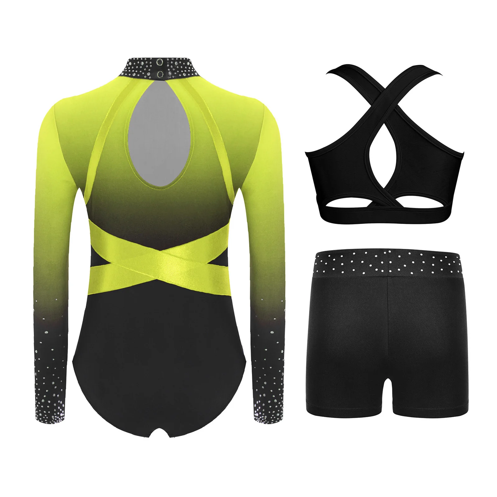 Kids Girls Gymnastics Dance Outfit Long Sleeve Sparkling Rhinestones Color Block Leotard with Cross Back Vest And Shorts