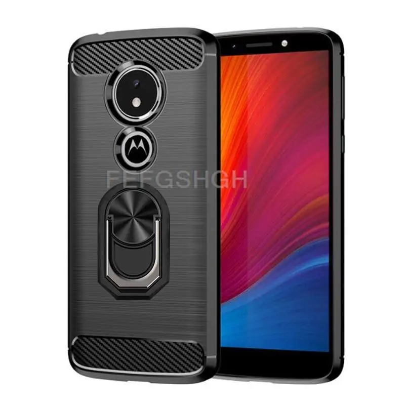 Capa para motorola moto g7 e5 plus escovado fibra de carbono caso de silicone macio para moto z2 força z3 z4 jogar anel magnético suporte capa