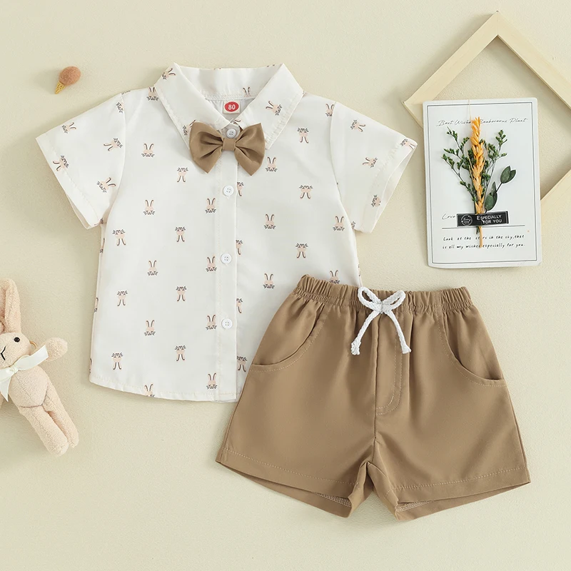 

Toddler Baby Boy Gentleman Outfits Short Sleeve Bunny Print Bowtie Shirt + Shorts Set Clothes