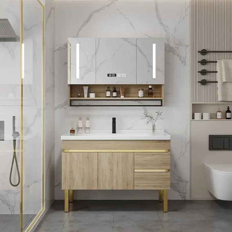 Nordic Modern Bathroom Cabinet Vanity with Smart Mirror Simple Floor Type Bathroom Sink Integrated Washbasin gabinete Furniture