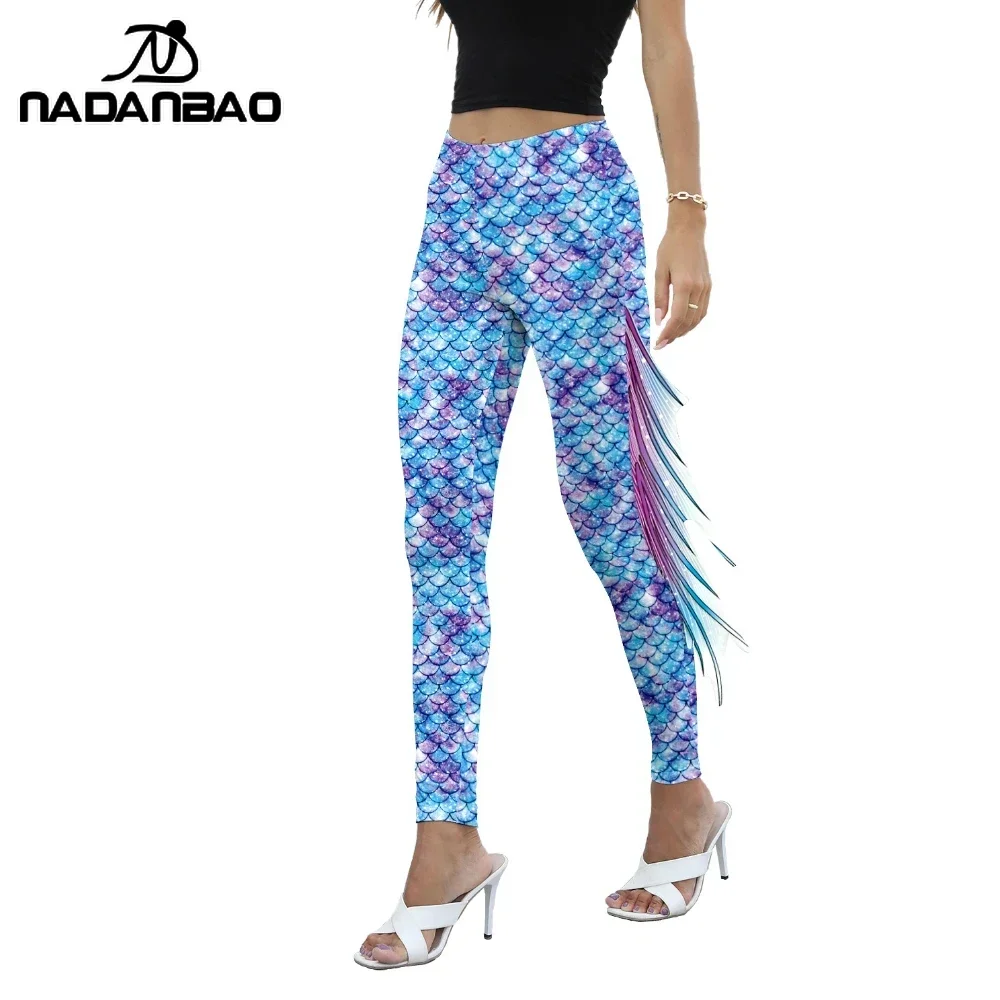 NADANBAO 女性マーメイドプリントレギンス女性のための魚の鱗 3D パターンパンツミッドウエストファッションズボン夏のファッション水着