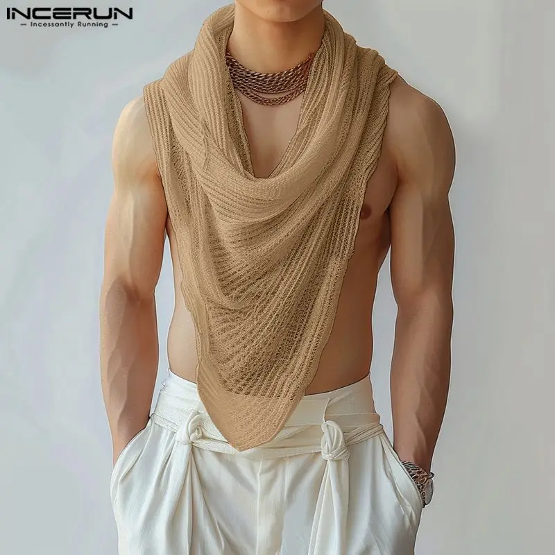 INCERUN Men Irregular Tank Tops Solid Color Turtleneck Sleeveless Transparent Vests Summer Streetwear 2024 Fashion Men Clothing