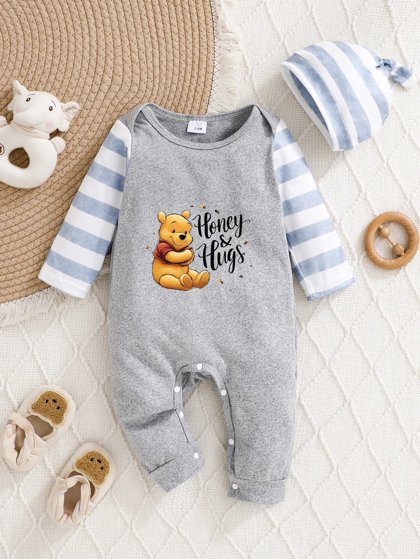 

【Officially Authorized】 Disney Winnie the Pooh Baby Jumpsuit | Honey & Figs Striped Sleeve Gray Style