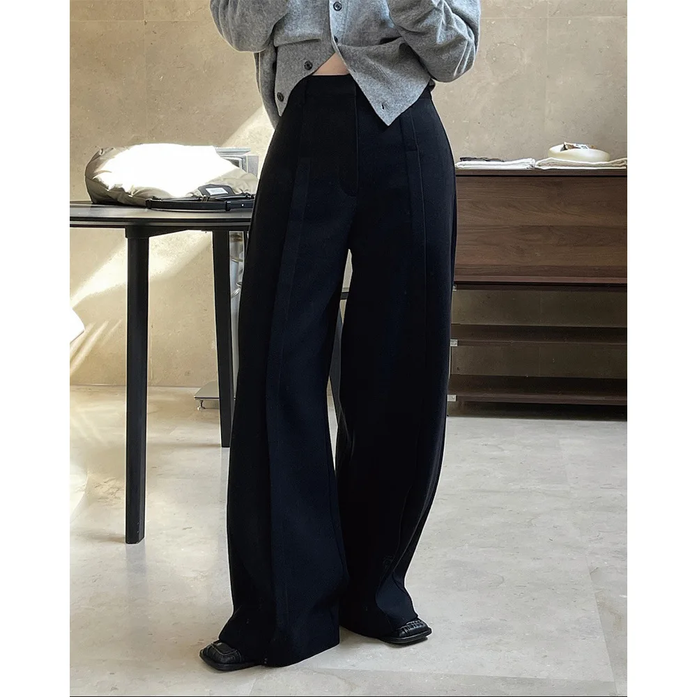

Winter New Simple Polished High Waist Pleated Wide Leg Trousers Loose and Thin Straight Trousers Women Thick 2025