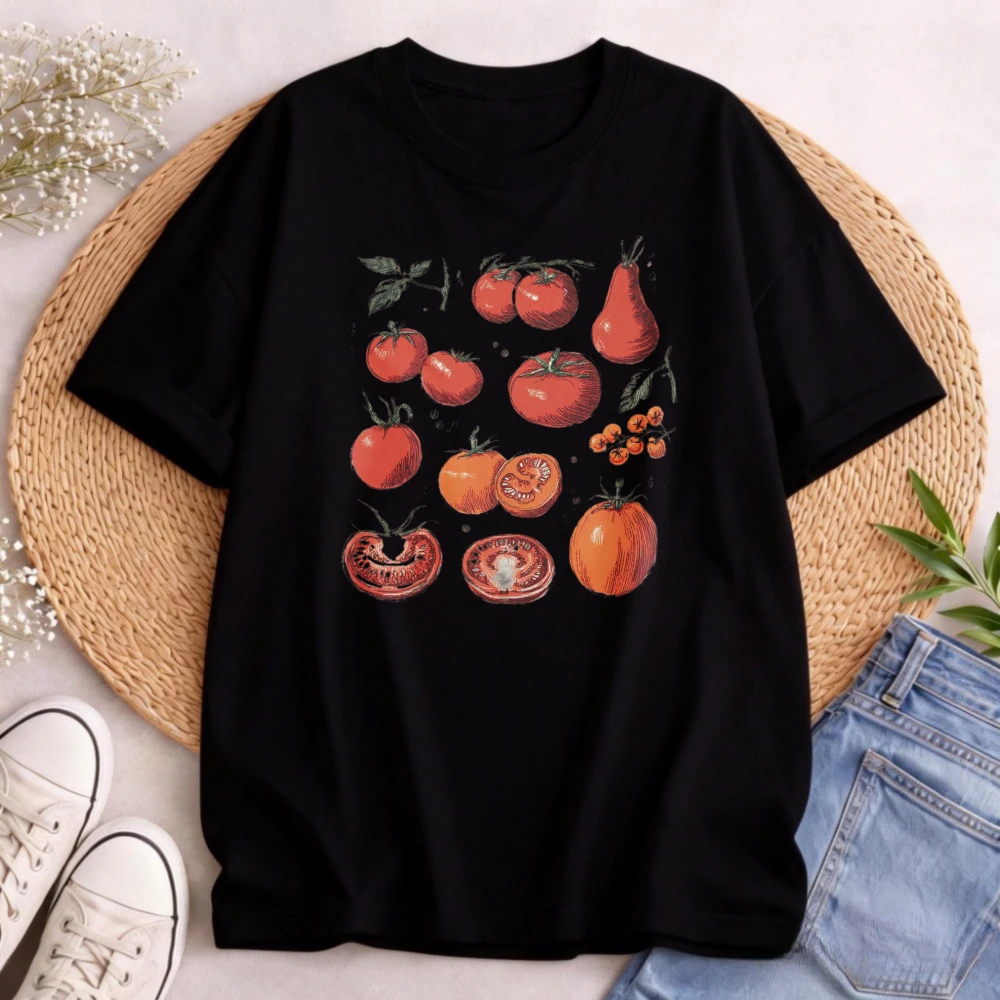 Retro Tomato Doodles Girls Women Tee Mediterranean Summer Vibes Vine Ripe Sun Warmed Tomatoes Natural Farming Shirt