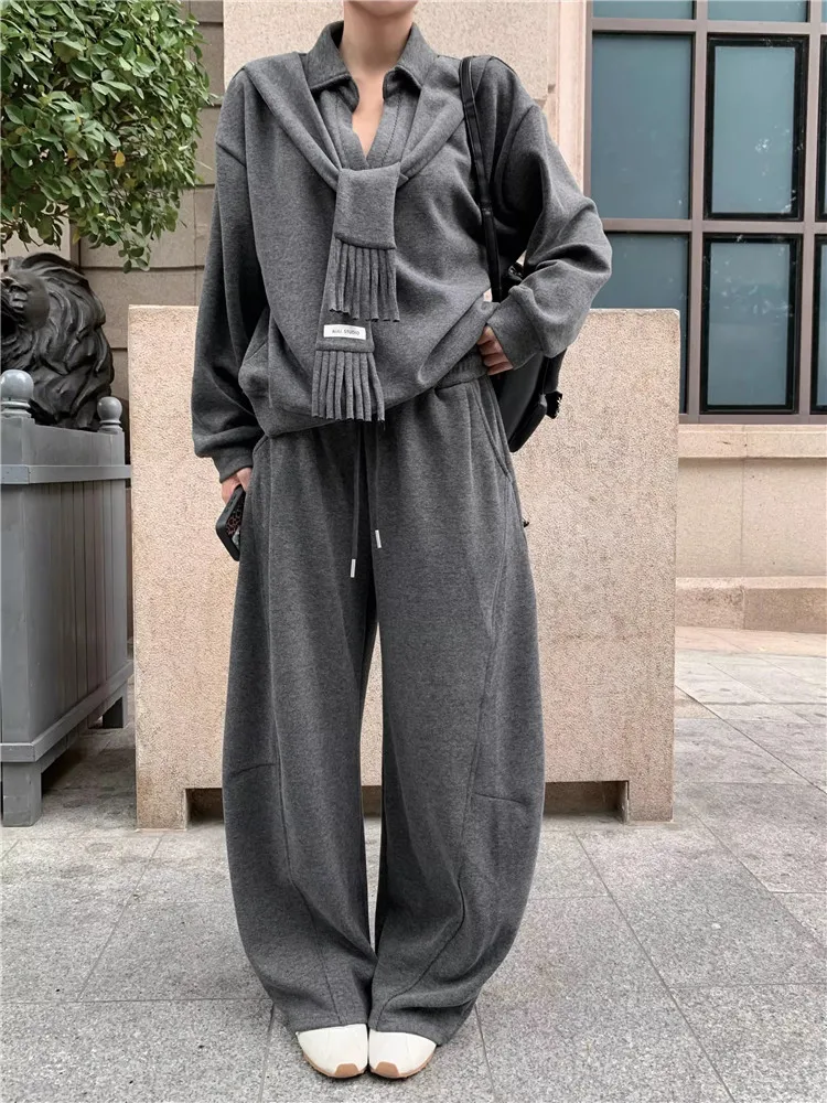 Old Money Fashion Casual Two Piece Tracksuits Grey Black Lazy Style Loose Hoodies Pullover&Wide Leg Pants Sets 2pc Sports Suits