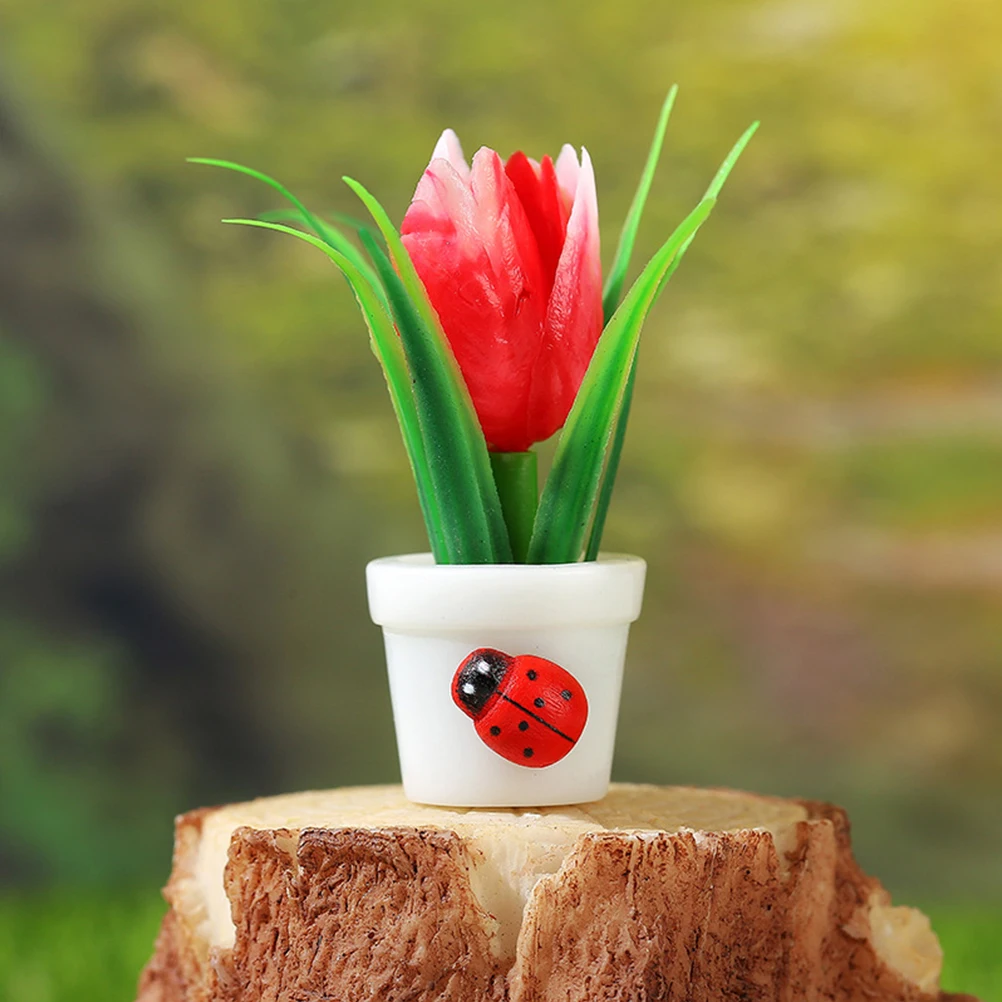 

6pcs Artificial Flowers Micro Landscape Potted Plants Fake Tulips Indoor Desk Decor Mini Resin Flower Pots Lifelike Design