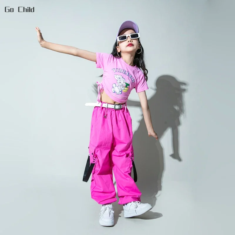 Girls Sweet Crop Tank Top Hip Hop Cargo Pants Clothes Set Kids T-shirt Street Dance Joggers Child Streetwear Teen Lovely Costume