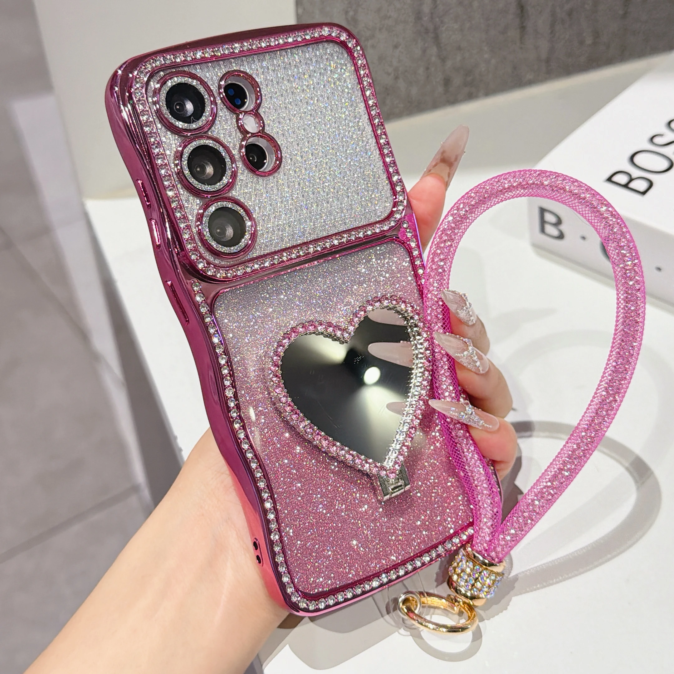 Gradient Glitter Rhinestone Phone Case For Samsung Galaxy S26 Ultra S25 S24 Plus Heart-shaped Mirror Stand Strap Bling Cover