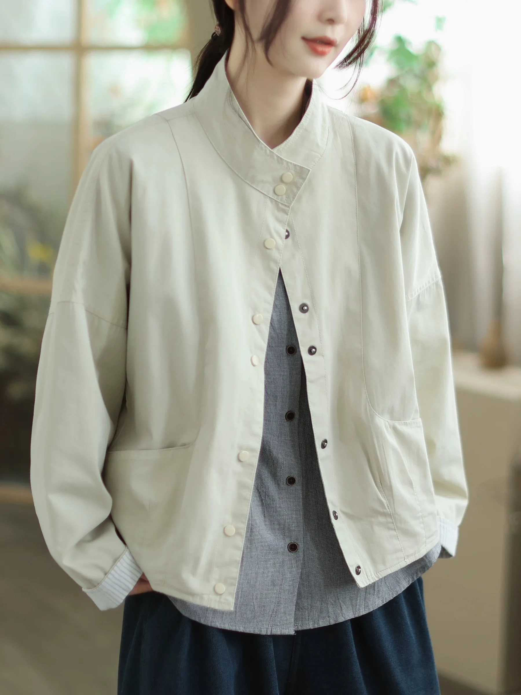 레트로 오트 배트윙 스타일 루즈핏 스탠드 칼라 버튼업 가을 겨울 여성 캐주얼 슬레 코튼 블렌드 아우터웨어
