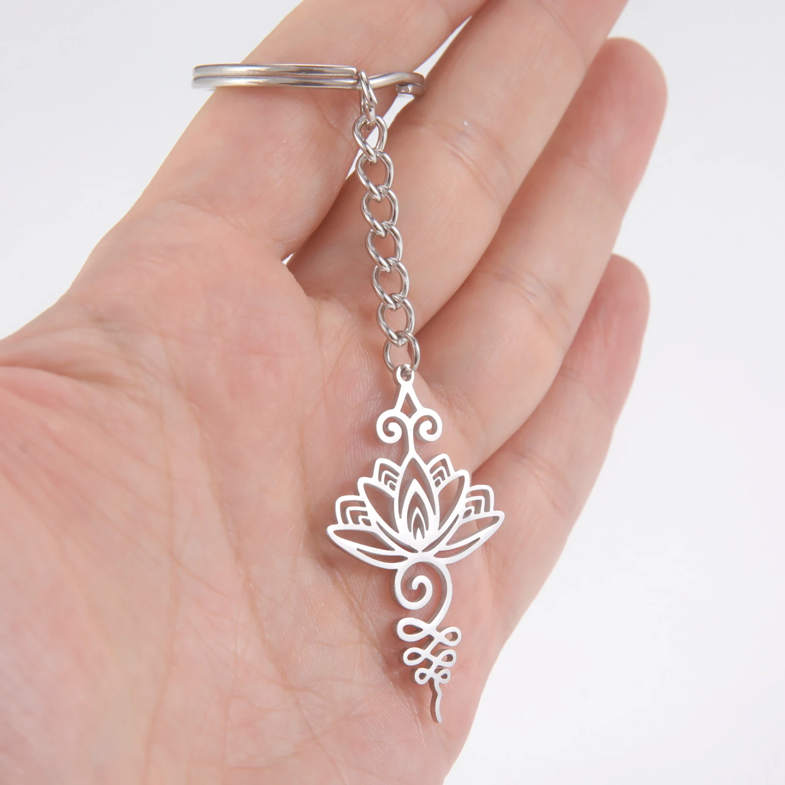 JDZQJ Stainless Steel Lotus Flower Unalome Keychain for Women Girl Buddhist Spiritual Symbol Fashion Religious Jewelry Giffts