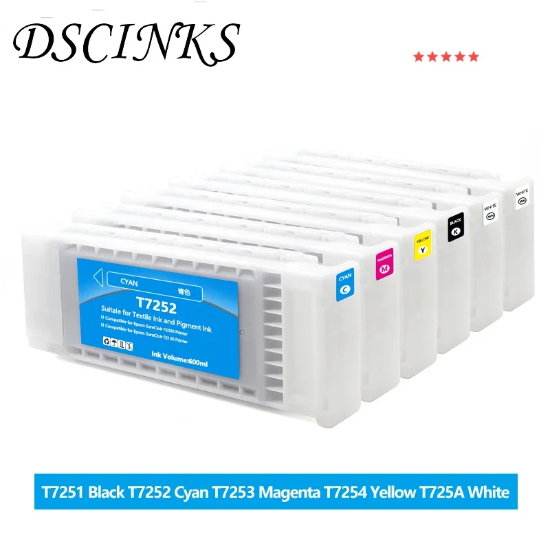 6PC Textile Ink DTG T7251 T7252 T7253 T7254 T725A Ink Cartridge for Epson F2000 F2100 F2130 F2140 F2150 F2160 Printer 600ml