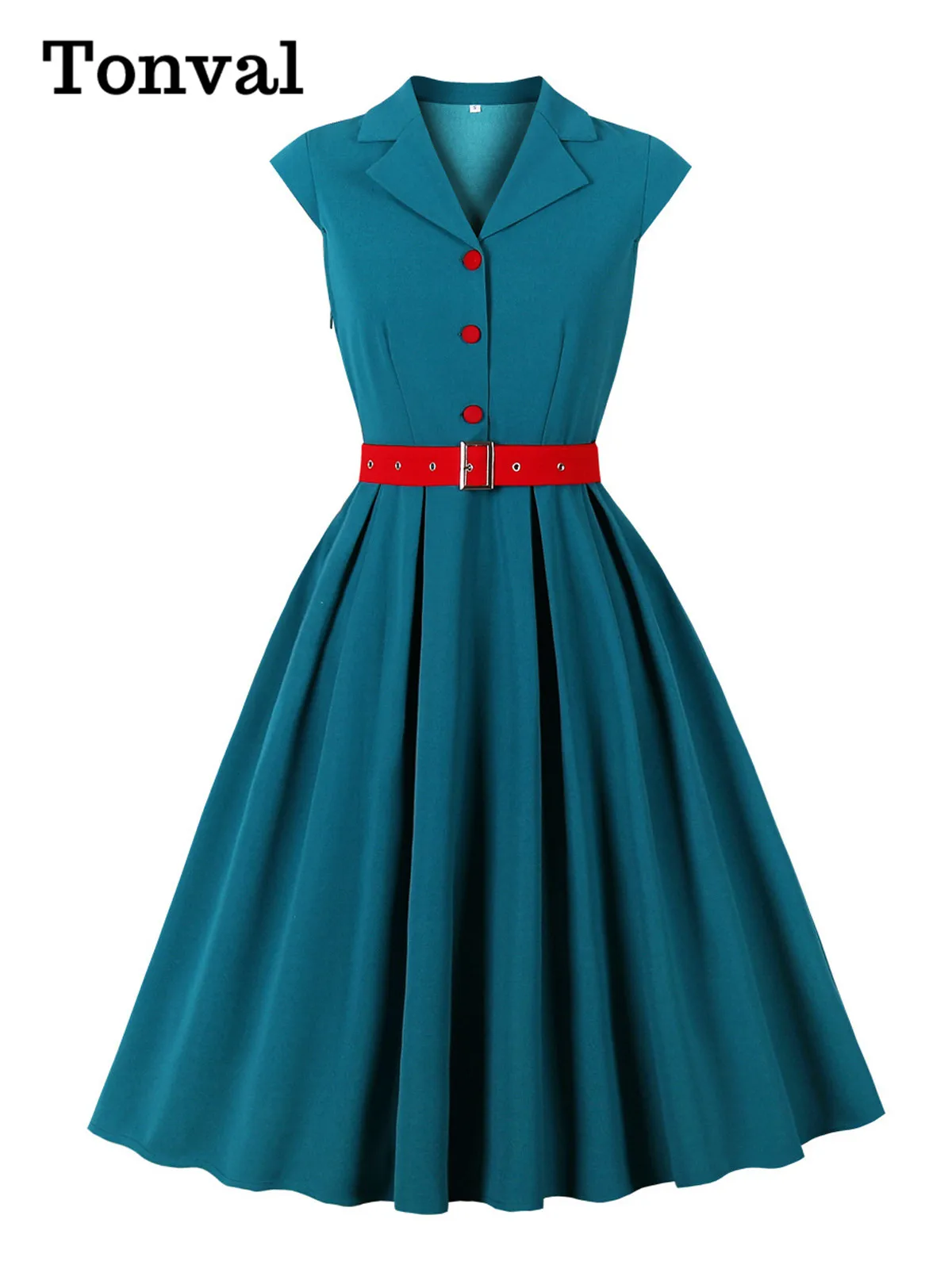 Tonval Notched Collar Cap Sleeve A-Line Summer Long Dress 2025 Women Plain Vintage Button-Up Peacock Blue Dresses with Red Belt