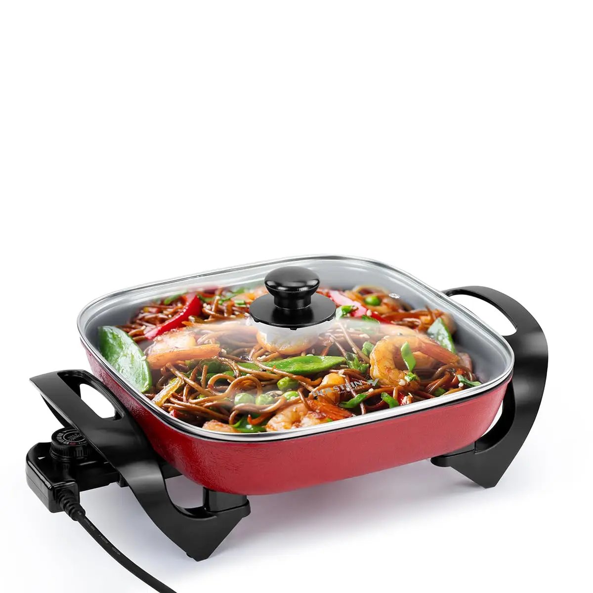 

12-Inch Electric Skillet with Adjustable Temperature, Non-Stick Coating, Cool-Touch Handles - Multi-Function Cooker in Red
