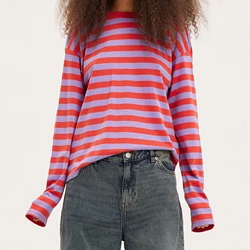 Women Vintage y2k Clothes Fairycore Grunge O-neck Long Sleeve Basic T shirts Lady Striped Print Soft Kawaii Casual Tees T-shirts