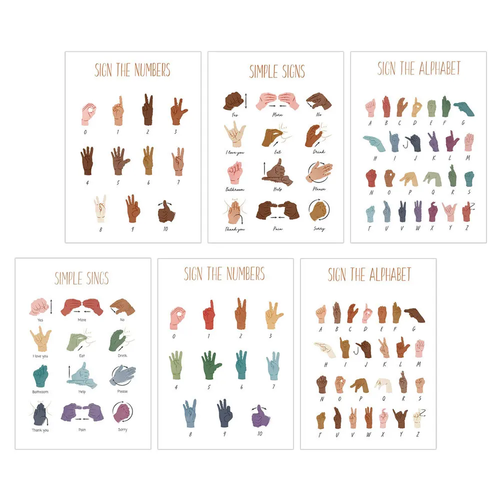 6Pcs Sign Language Learning Posters Canvas Decorative Educational Wall Art for Classroom Home Office Alphabet Numbers