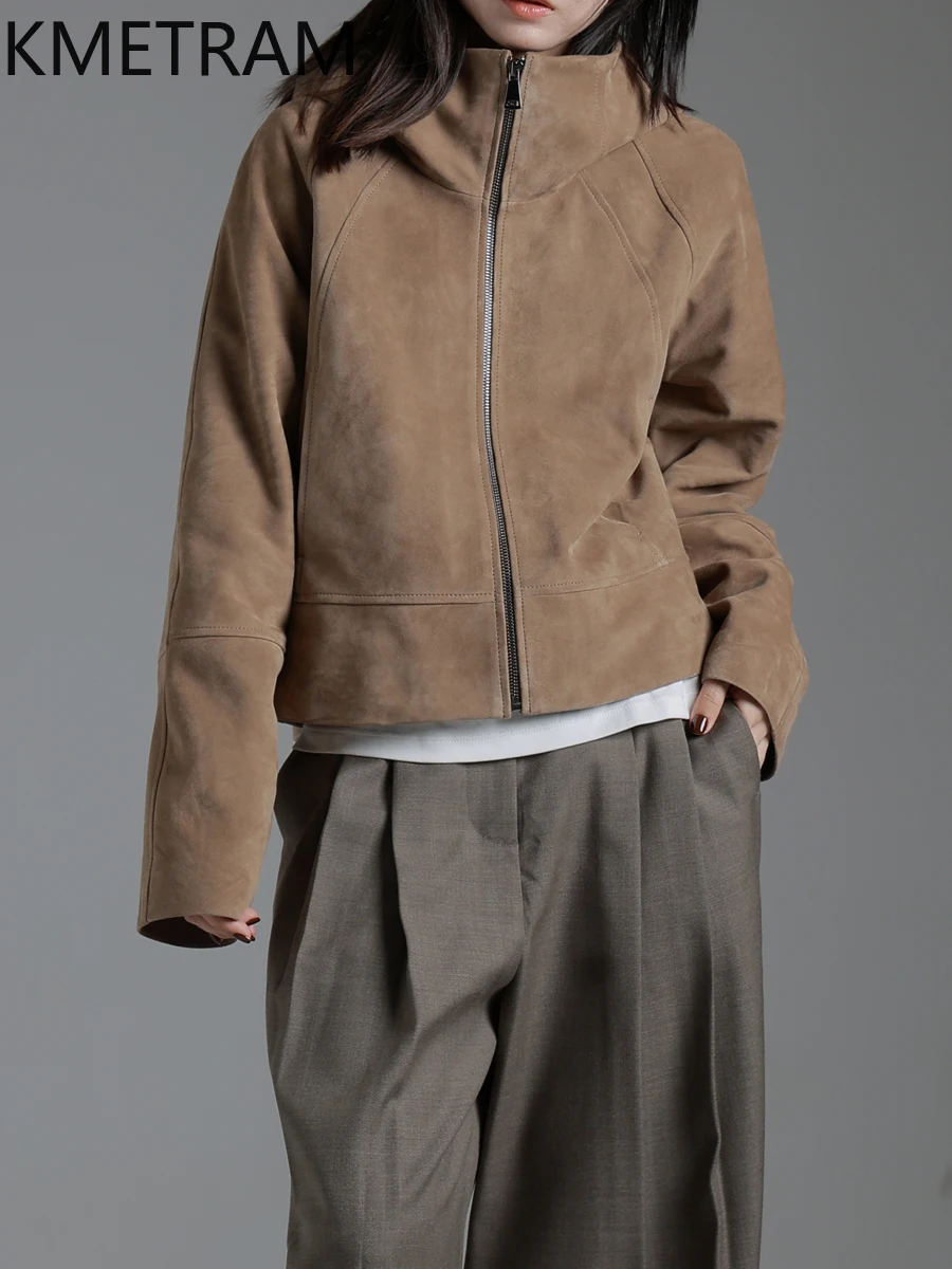 KMETRAM Cappotti in pelle scamosciata inversa in pelle di pecora naturale al 100% con giacca corta casual in vera pelle da donna con cappuccio 2025 Autunno пьто