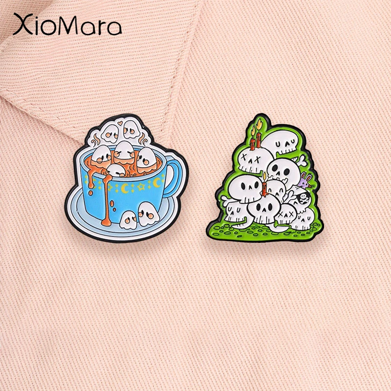 Halloween Ghost Coffee Cup Enamel Pins Cute Goth Skull Stacked Weird Candle Brooches Lapel Badge Jewelry Accessories Gifts for F