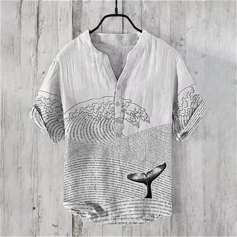 

2024 New Men's Shirt Japanese Classical Art 3D Printing Linen Short Sleeve Shirt Hawaiian Style Button Henry V Neck Shirt