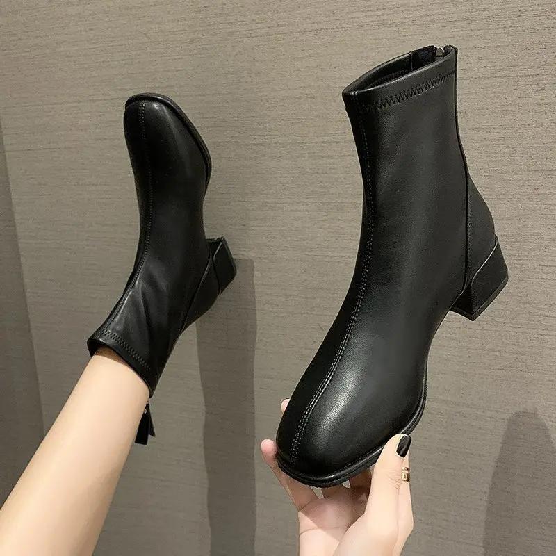 Elastic Socks Boots Fashion Ankle Boots Women High Heel Thicks  Heel Square Toe Short Boots Women Retro 2023 New Ladies Shoes