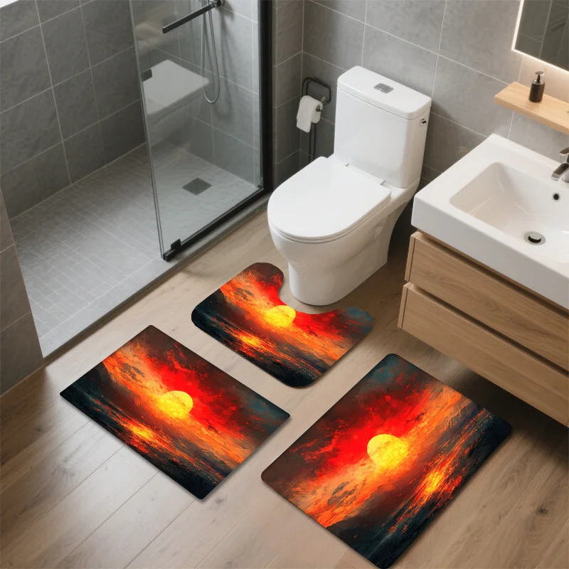 

Vivid Sunset Print 3 Piece Bath Mat Set Anti Slip Soft Absorbent Toilet Seat Cover Modern Home Decor Bathroom Accessories