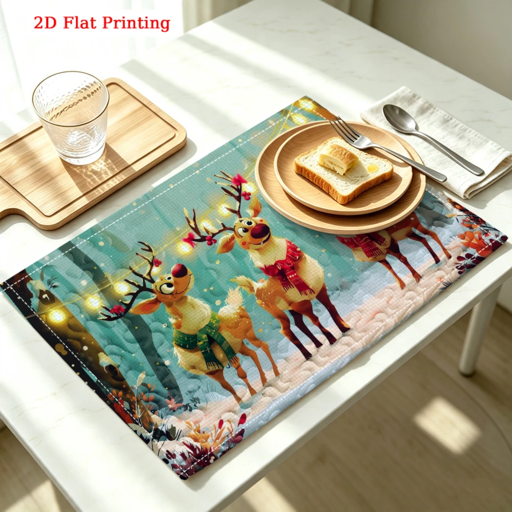 Three Cartoon Reindeer In Snowy Forest Kitchen Placemat Coaster Linen Pad Dish Coffee Cup Table Mat 30x40cm Home Decor