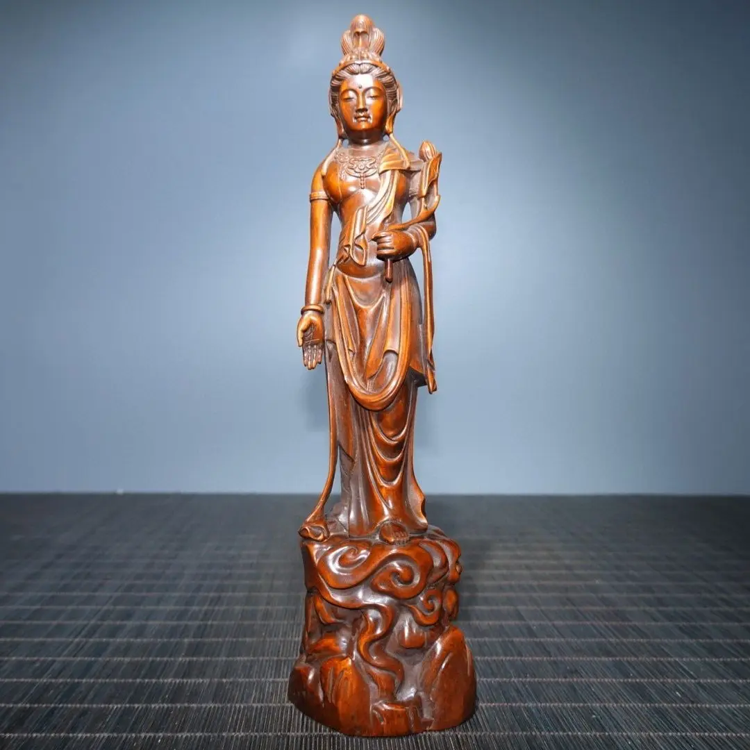 Hand Carved Wood Guan yin holding lotus Statue Figurine Desktop Ornaments Home Decoration