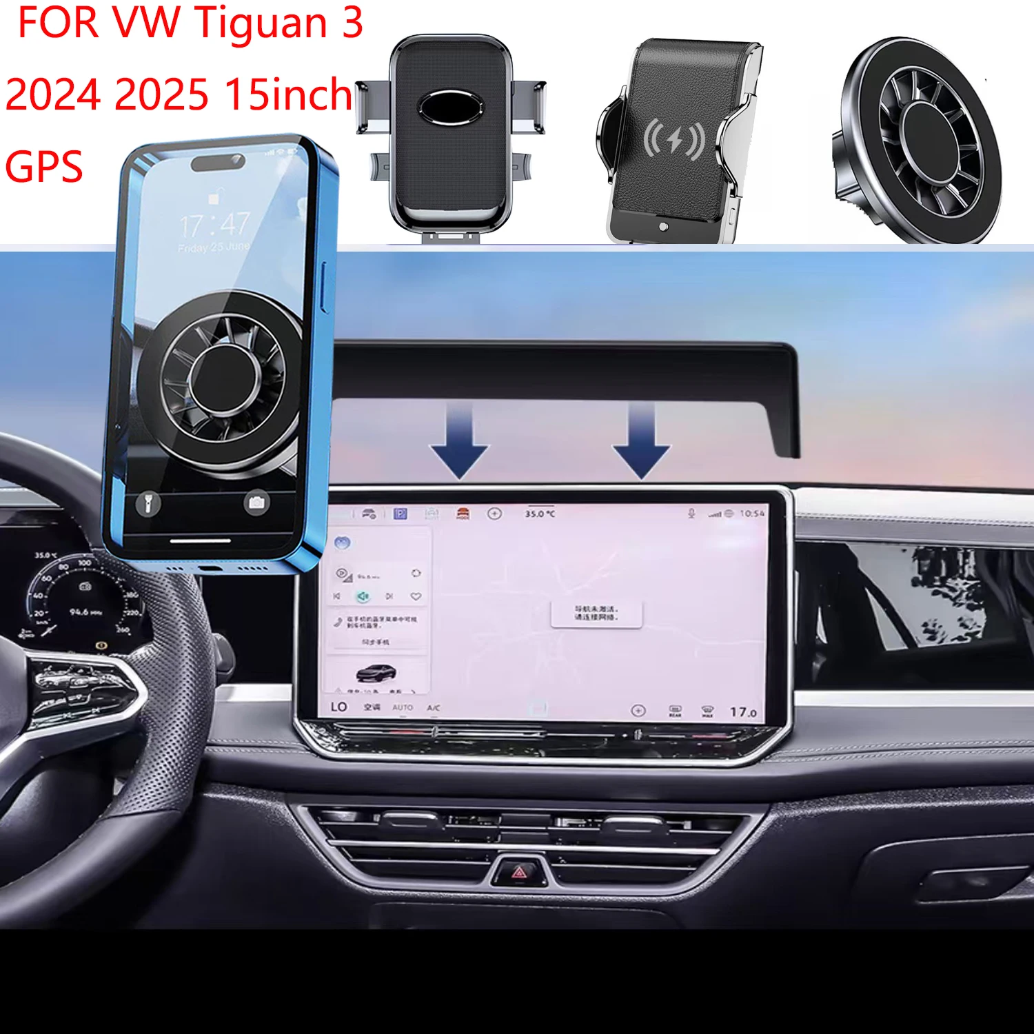 Car Phone Holder For VW Tiguan 3 2024 2025 Magnetic 15INCH GPS Screen Fixed Fast Wireless Charging Mobile Phone