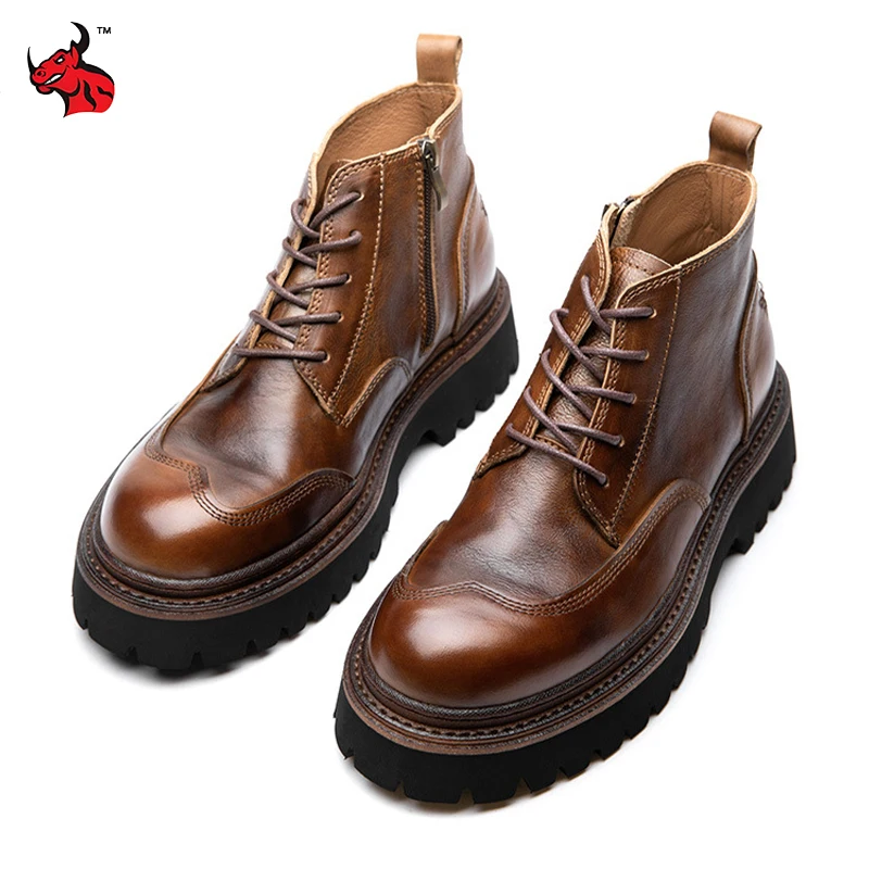 

High Top Leather Motorcycle Boots Men Durable Motorbike Ankle Boots Scarpe Moto Uomo Fashionable Commuting Shoes Thick Soled