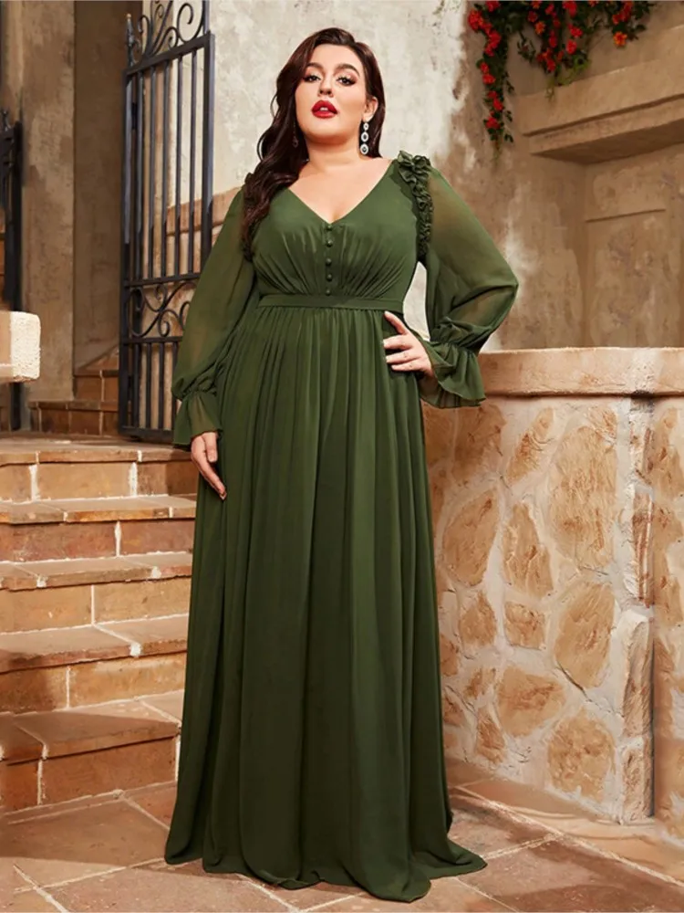 Plus Size Autumn V-Neck Long Dress Women Ruffle Pleated Fashion Loose Ladies Dresses Long Sleeve See Through Woman Dress