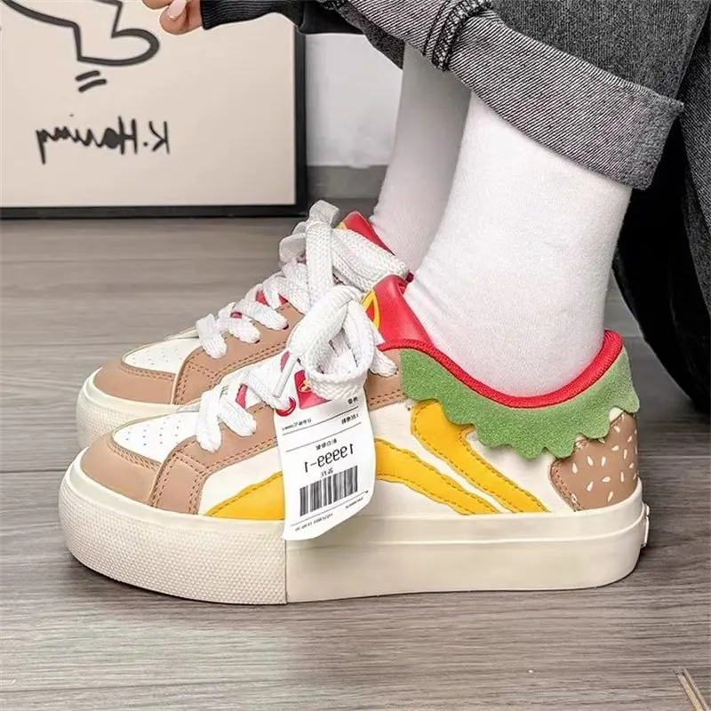 Novelty design hamburger women's sports shoes New Colorful Casual Shoes student College style thick soled anti slip tennis shoes