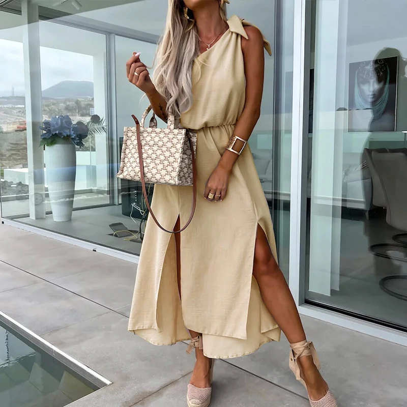 Women One Shoulder Split Dress Sprng Summer Sleeveless Diagonal Collar Dresses Casual Dresses Robe De Soiree