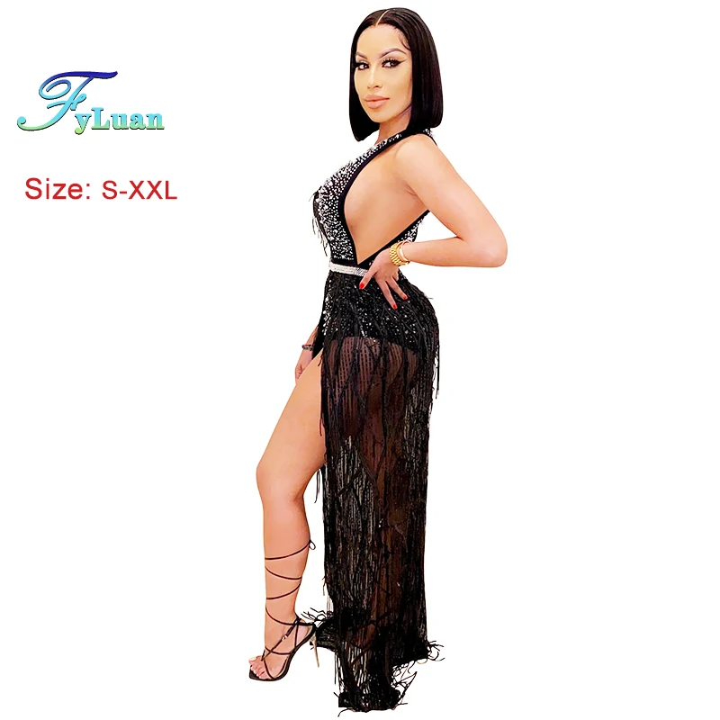 Nuovo Solido Paillettes Donne Abito a Vita Alta Set Tute Senza Maniche Abiti + Una Spalla Nappe Abito Lungo Estate Club Abbigliamento