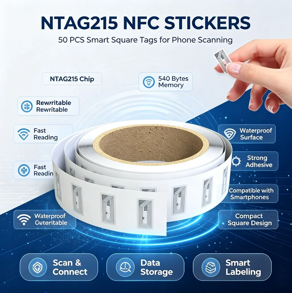 10-100PCS NTAG215 NFC Tag Sticker Blank Rewritable 504-Byte Memory Adhesive Label Compatible With NFC-Enabled Smartphones