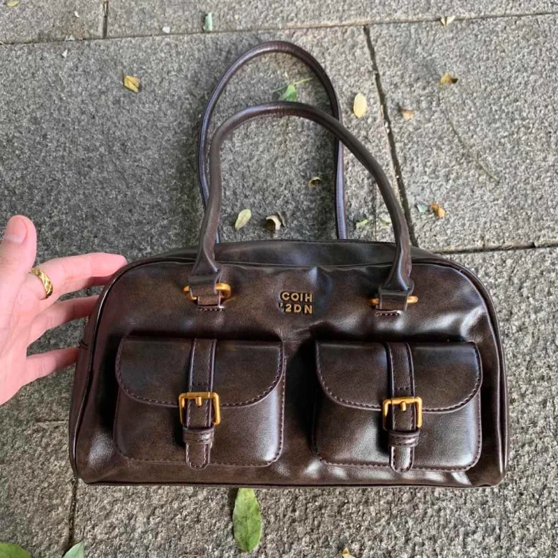 

Винтажная сумка-подушка Boston, большая вместительная сумка через плечо с ретро-фурнитурой, женская текстурированная сумка из искусственной кожи для повседневного использования