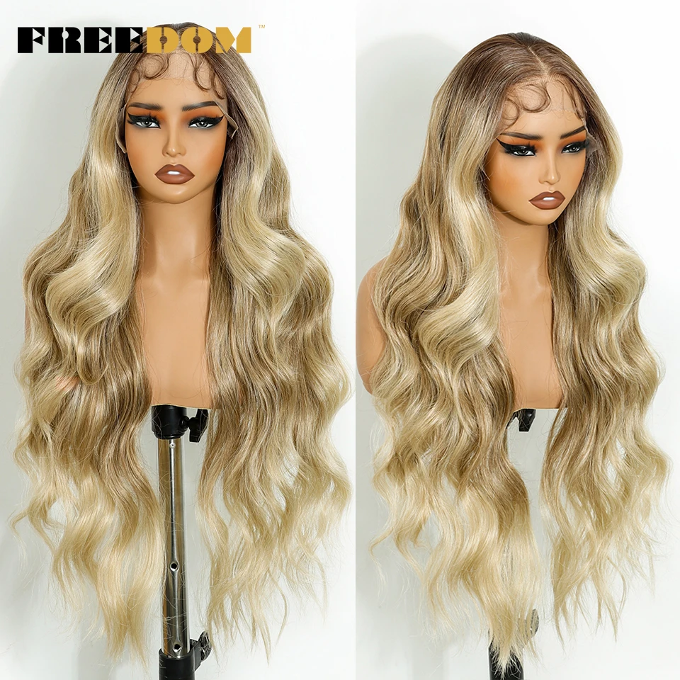 FREEDOM Synthetic Lace Frontal Wigs For Women 30 Inch Long Body Wave 13x4 Lace Front Wig Ombre Brown Blonde Cosplay Wigs