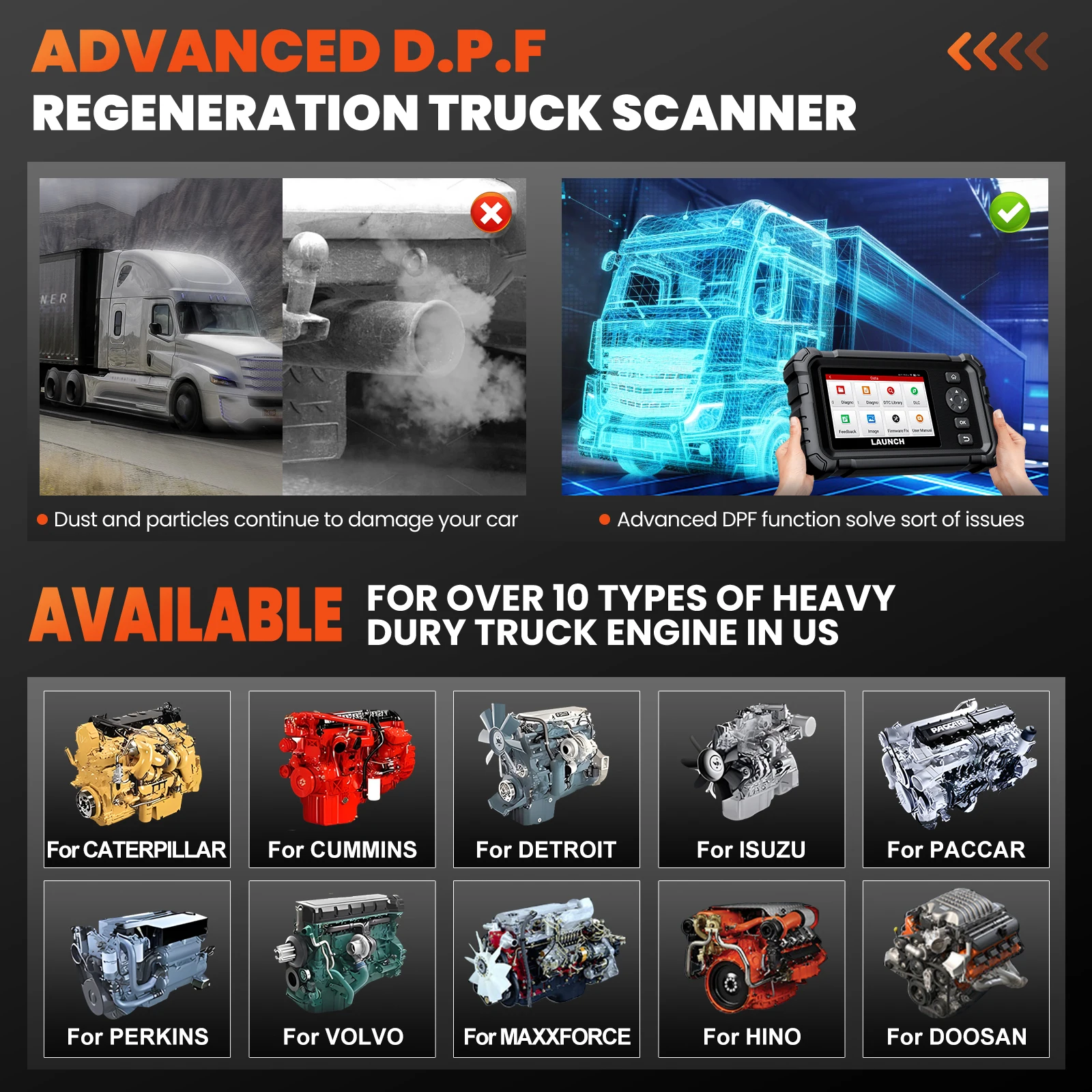 LAUNCH CRP129 HD الماسح الضوئي للشاحنة الثقيلة، أداة مسح الديزل بنظام كامل مع 7 إعادة إعدادات، قوة DPF Regen وإعادة الضبط، لشاحنة ثقيلة 24 فولت