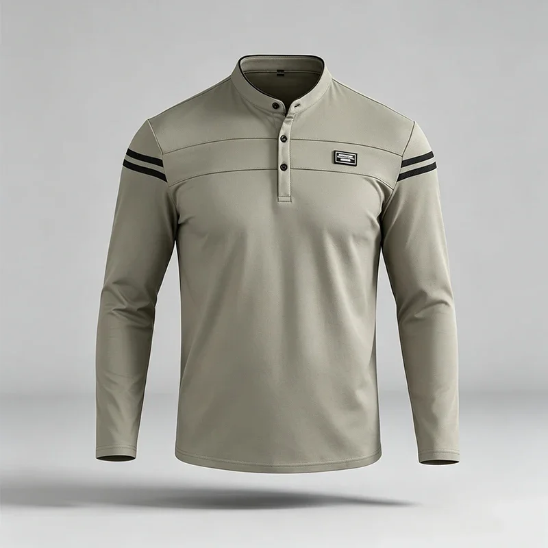 Male Stand Collar Polo Shirt Long Sleeve Striped Arm Detail For Outdoor Walking Weekend Hangout And Leisure Occasions