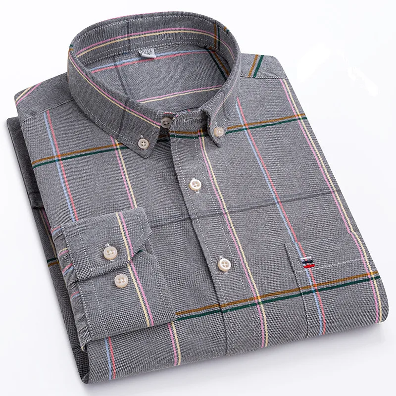 Men's 100% Cotton Shirt Long Sleeve Plaid Oxford Casual Solid Color Print Regular Fit Formal Dress Shirt Oversized 7XL  6XL 5XL, image 24