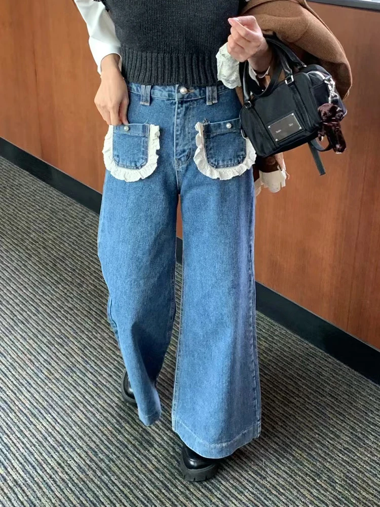 Vintage Wide Leg Lace Jeans High Waist Loose Casual Pocket Straight Denim Pants Female 2024 Winter New Elegant Trousers