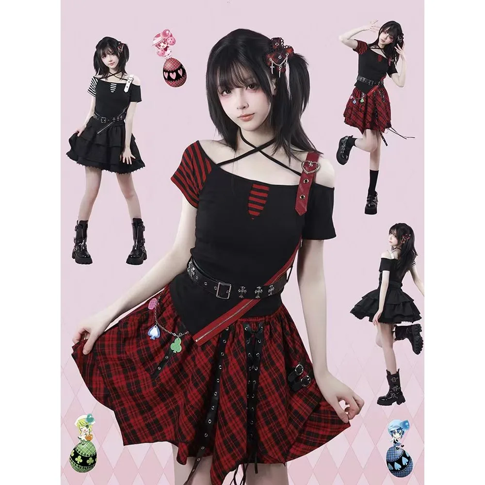 doll-cat-japanese-vintage-striped-off-shoulder-top-short-skirt-set-comic-heroine-slimming-outfit