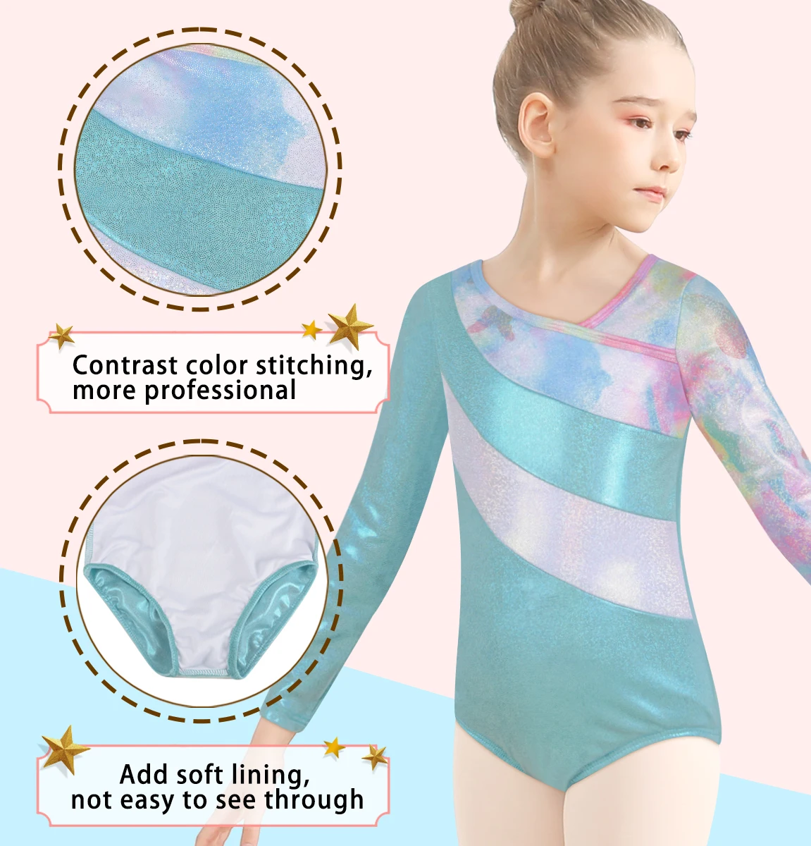 Girls Gymnastics Leotard Toddler Long Sleeve Tumbling Outfits Soft Lining Sparkle Stretch Fabric More Comfortable and Breathable view 4