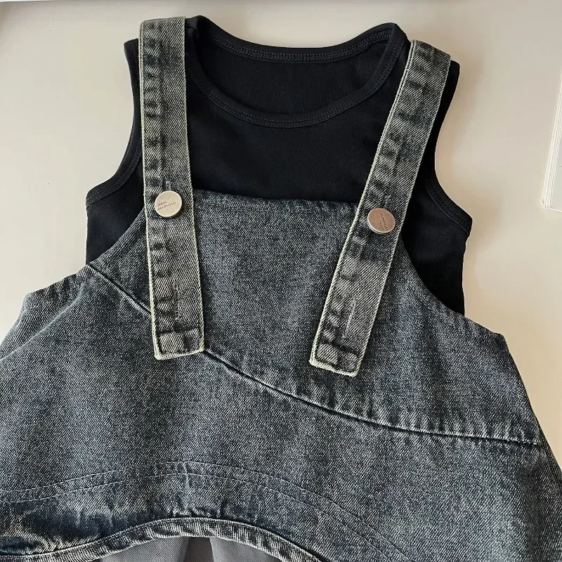 Summer Girls Clothes Sets Sleeveless T-shirt+Denim Mesh Dress Korean Kids Clothing Children Casual Clothes Suits 2 3 4 5 6 7Yrs