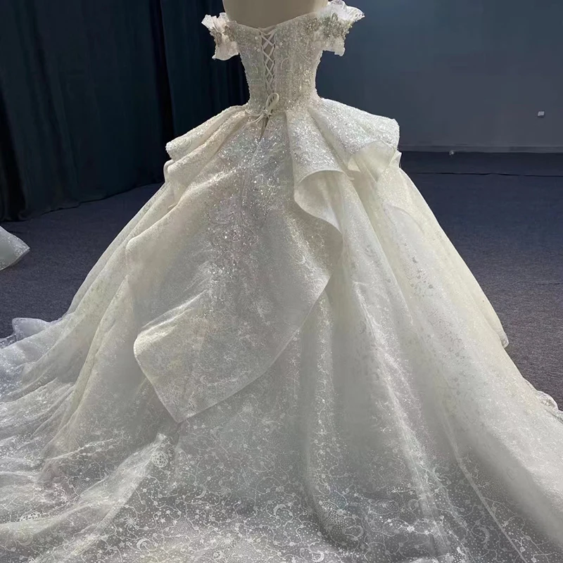 Jancember Flash Sale Luxury Wedding Gown For Bride 2024 Ball Gown Short Sleeves Chapel Train Lace Up Vestido De Novia MN35