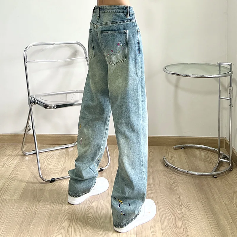 Jeans American High Street Embroidery Splashed with Ink Wash Old Ins Trendy Brand Loose Straight Tube Street Hip-hop Pants