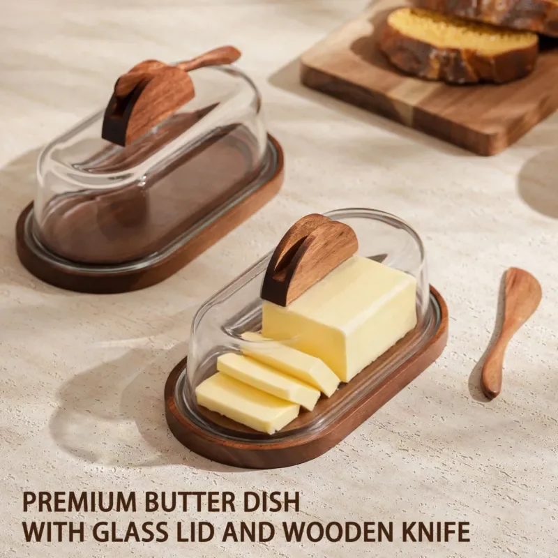 Wooden Butter Box with Glass Lid Rectangular Storage Tray Cheese Dessert Cake Keeper for Kitchen Table Display