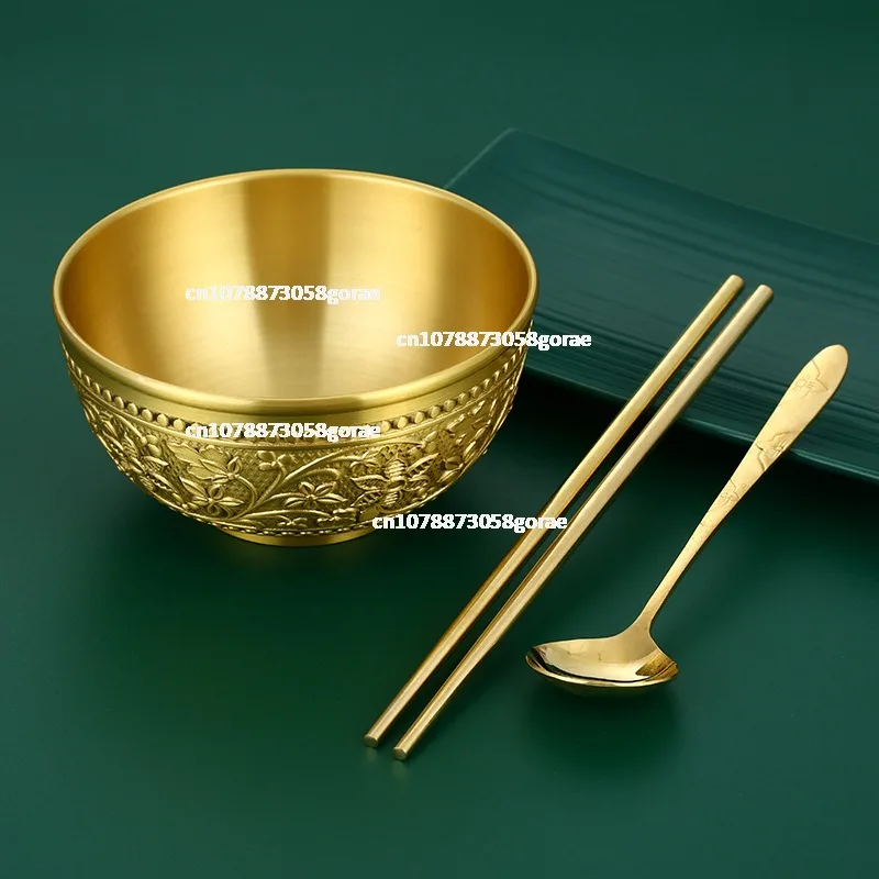 Imported Pure Copper Bowl 5-Inch High-Grade Carved Rice Bowl Household Tableware Set Brass Chopstick and Spoon