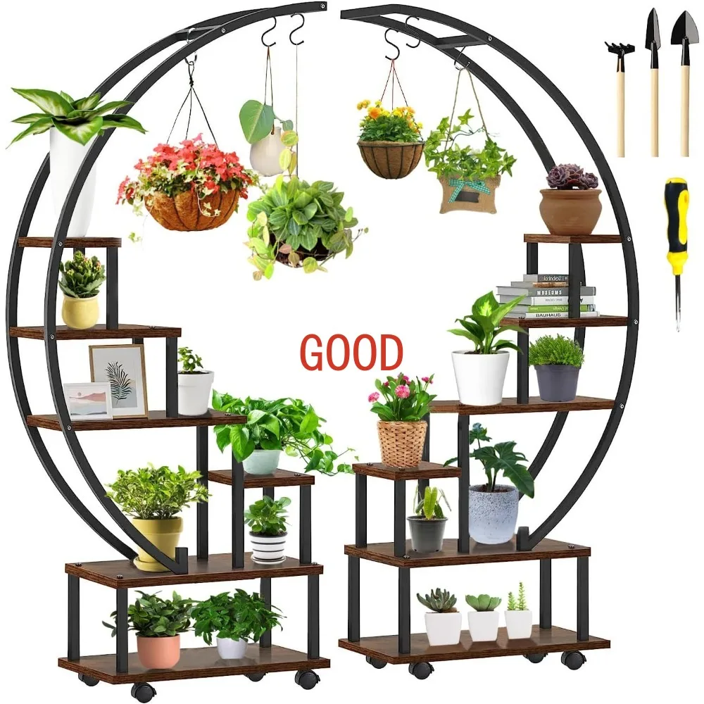 2 pcs 6 Tier Tall Metal Plant Stand Indoor, Half Moon Shape Large Plant Shelf with Detachable Wheels, Curved Ladder Flower Pot