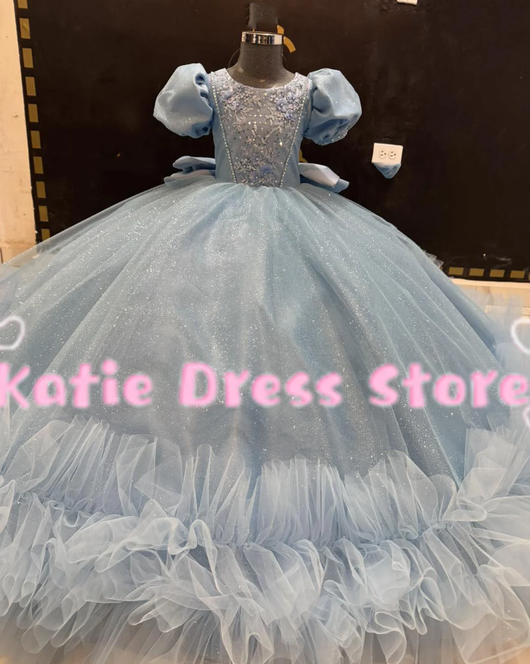 Customized Sky Blue Flower Girl Dress For Wedding Applique Tulle Puffy Elegant Kids Birthday Party First Communion Ball Gowns