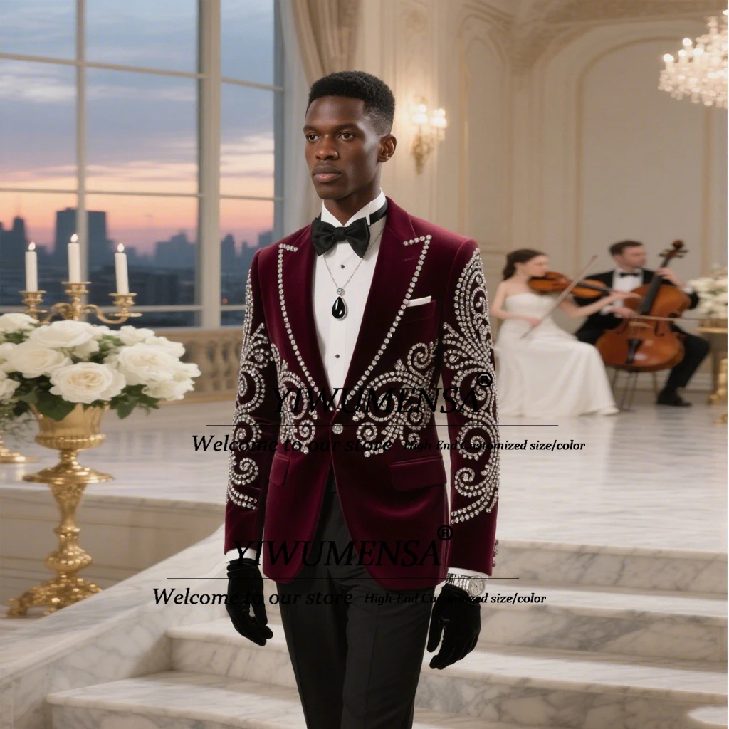

Jewelry Beaded Velvet Suits Man Single Breasted Prom Tuxedos Customized 2 Pieces Man Banquet Party Blazer Groom Tuxedo Plus Size